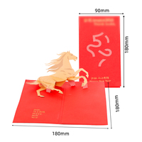 Carte de vœux 3D pop-up en or avec estampage à chaud, carte de vœux en or personnalisée avec logo de cheval rouge, estampage à chaud en or 2026