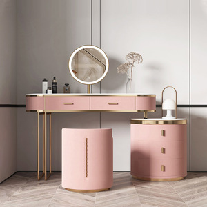 Meuble de toilette moderne gris rose avec tiroir, meuble de chambre à coucher bleu, table de maquillage de luxe avec miroir LED - Product Image 4