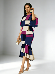 Conjunto de Dos Piezas Elegante Retro para Mujer Talla Grande - Magenta y Azul con Parches, Ropa Casual de Verano para Oficina y Ocasiones Formales - Product Image 3