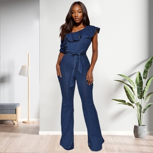 Combinaison en jean évasée à volants et épaule dénudée pour femme avec ceinture – Tendance et décontractée – Grande Vente - Product Image 3