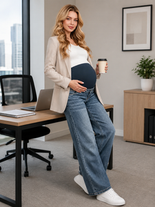 Vêtements de maternité de couleur personnalisée, jeans à jambes larges doux pour la peau, pour femmes enceintes, pantalons en denim amples à porter par-dessus le ventre - Product Image 1