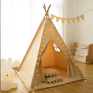 Tente tipi pour enfants en toile de coton respirante 100% kaki avec tapis rembourré et lumières étoiles - Product Image 1