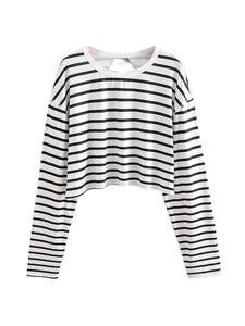 <span class=keywords><strong>Camiseta</strong></span> deportiva de manga larga holgada sin espalda para <span class=keywords><strong>mujer</strong></span>, de color liso, con diseño calado y rayas, 1 unidad, MOQ bajo, en stock, lista para enviar. - Product Image 1