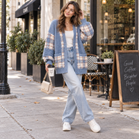 Cardigan surdimensionné à carreaux pour femme, col en V, en tricot gaufré, boutonné, avec poches, OEM ODM