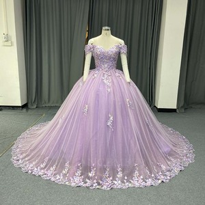 Lsany286 Lavender Quinceanera <b>Dress</b> 3D Floral Lace Applique <b>Ruffled</b> Sleeve Glitter Tulle Ball Gown Scalloped Hem Jancember - Product Image 2