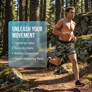 Tigerstripe Camo Mens Running Shorts Elastic Waist Waterproof Quick-Dry Fabric Breathable Sports Shorts Mobility Curved Hem Gym