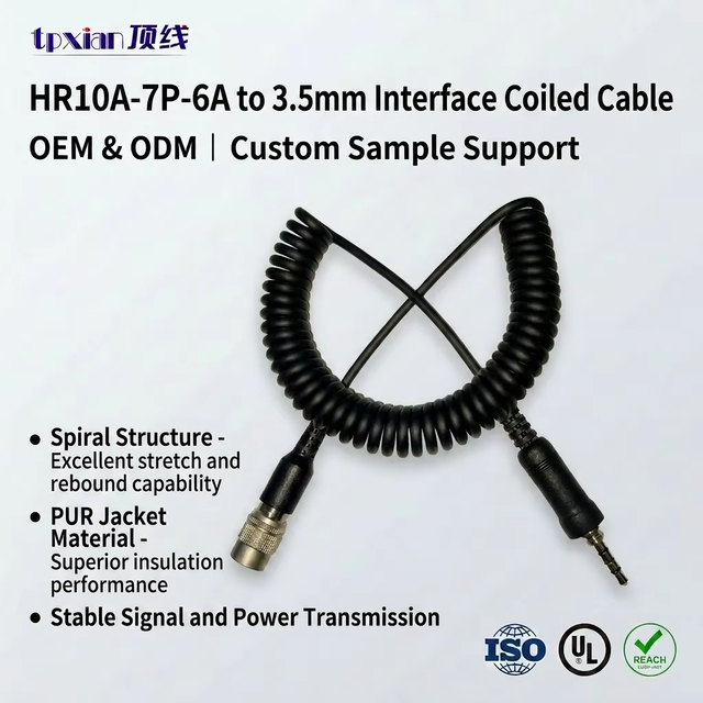 Factory Custom HR10A-7P-6A to 3.5mm 4-Core Threaded Coiled Spring Cable