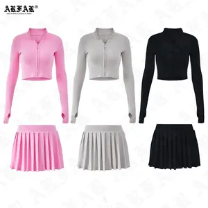 Summer Sets Mini Skirt Set For Women Custom Pleated Skirt Long Sleeve 100% Cotton Ribbed Set