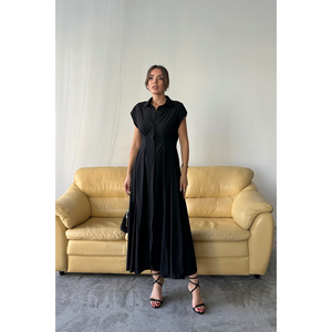 เดรสผ้าป๊อปลินสีดำแขนกุดทรงหรูหรา แต่งดีเทลจับจีบช่วงเอว ติดกระดุมด้านหน้า เหมาะสำหรับใส่ทำงาน ไซส์ S - Product Image 3