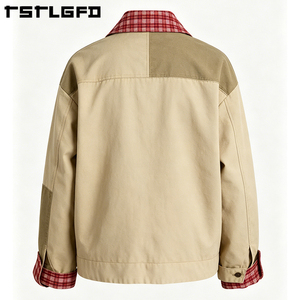 Chaqueta Reversible Personalizada 100% Algodón Orgánico con Forro a Cuadros, Ropa de Trabajo Utilitaria, Abrigo Cargo con Bloques de Color y Pliegues Cuadrados, Venta al por Mayor a Granel - Product Image 4