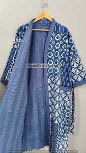 Bata Kimono Azul Acolchada Estampada de Manga Tres Cuartos con Cuello en V para Mujer, Ropa de Dormir Casual Tejida para Primavera - Product Image 6