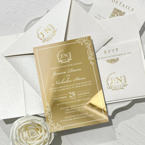 Personal isierte Luxus Gold Spiegel lädt elegante botanische und Goldfolie Tasche Acryl Hochzeits einladungen mit QR-Code RSVP - Product Image 2