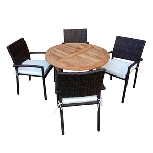 Ensemble de chaises de jardin empilables modernes avec table à manger, chaises à structure en aluminium, coussins résistants à l'eau en bois de teck et rotin tressé, faciles à assembler - Product Image 1