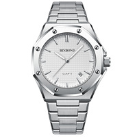 BINBOND B0233 jam tangan OEM pria, arloji biaya rendah tali Stainless steel tahan air dengan tampilan tanggal untuk pria