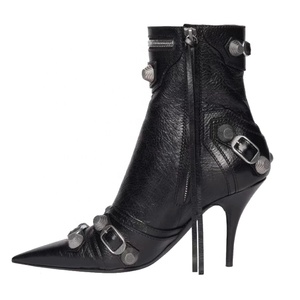 Black High Heel Leather Shoes Pointy Toe Sexy Lady's Ankle <b>Boots</b> Zip Buckle Studs Short Women Fashion Big Size 43 - Product Image 2