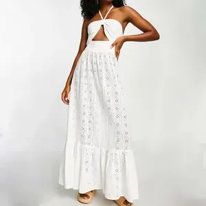 Custom casual elegant Ladies Sleeveless Beach Long sexy Dress 2023 Fashion Summer White Sling Dress Hollow Out cotton Women dres
