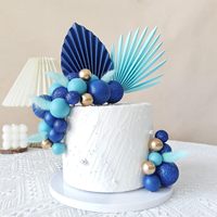 38-teiliges Blau-Gold Kuchendeko-Set Palmblatt-Fächer Hasenschwanz-Gras Happy Birthday Topper Jubiläums-Party-Zubehör Kuchendekoration