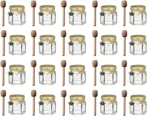 Mini vasetti di miele in vetro esagonale da 1.5 once con mestolo in legno, coperchio in oro, pendenti a forma di ape per bomboniere bomboniere bomboniere