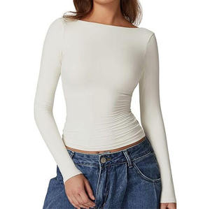 Nueva Llegada: Elegante Camiseta Blanca de Manga Larga para Mujer, Cuello Barco, Hombros Descubiertos, Corte Ajustado, Elástica, Doble Forro, Básica, a la Moda - Product Image 1
