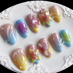 Lot <span class=keywords><strong>de</strong></span> 30 faux ongles press-on faits main, motif floral 3D en relief, coquillage marin, paillettes gelée, pour fêtes et usage quotidien - Product Image 4