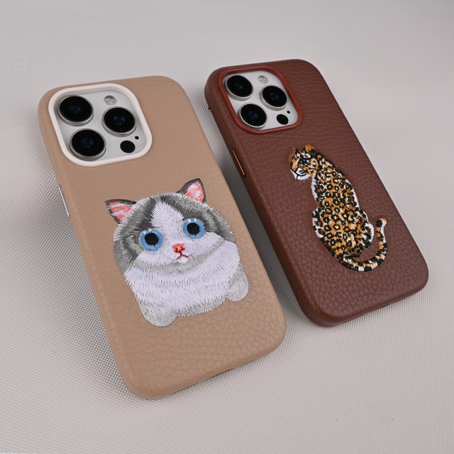 Business Customized Embroidery PU Pebble Leather  Phone Cases Full Edge Production Mobile Accessories  for iPhone 16 17  Pro Max