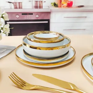 Luxus Golden Edge Dinner Set Keramik Teller Set Steinzeug Geschirr Keramik Teller Set 6/24 PCS