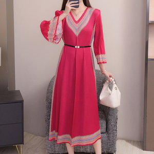 Vestido plisado para mujer Miyake con estampado étnico-Vestido MIDI con cinturón y manga acampanada con cuello en V para <span class=keywords><strong>elegante</strong></span> - Product Image 3