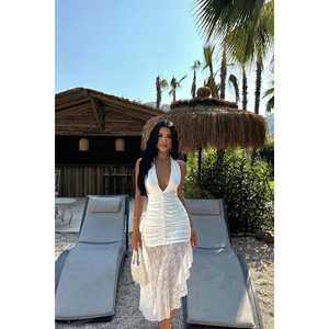 Robe décontractée élégante blanche Carlina avec col carré, dentelle transparente et fermetures éclair, vêtements d'été ODM pour événements chics, taille XS - Product Image 3