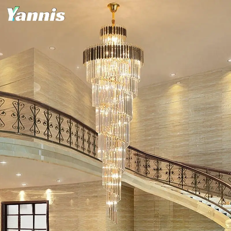Modern lüks otel lobisinde merdiven boşluğu paslanmaz çelik cam k9 yüksek tavan kristal sarkıt aydınlatma avize