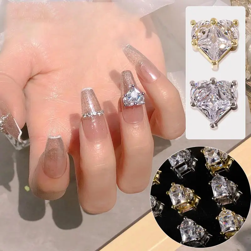 Luxus 3D Legierung Herz Nagel Zirkon Charms Hochzeit Nail Art Design Kubisches Herz Nagel Diamanten für Braut Frauen Mädchen Diy