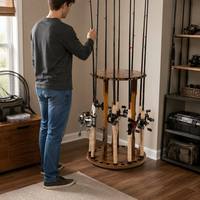 Support de rangement vertical rotatif pour 24 cannes à pêche en bois massif, sans outil de montage, pour salon et extérieur, à prix réduit