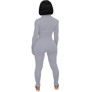Set pakaian wanita santai dua potong, setelan pakaian wanita, jaket Dan celana Legging lengan panjang, Poly Spandex, Ribbed, dua potong - Product Image 4