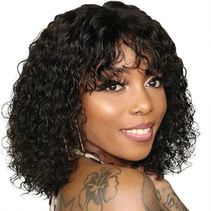 Perruque <span class=keywords><strong>Bob</strong></span> naturelle indienne Remy avec frange, cheveux courts et bouclés, bon marché, pour femmes noires - Product Image 1