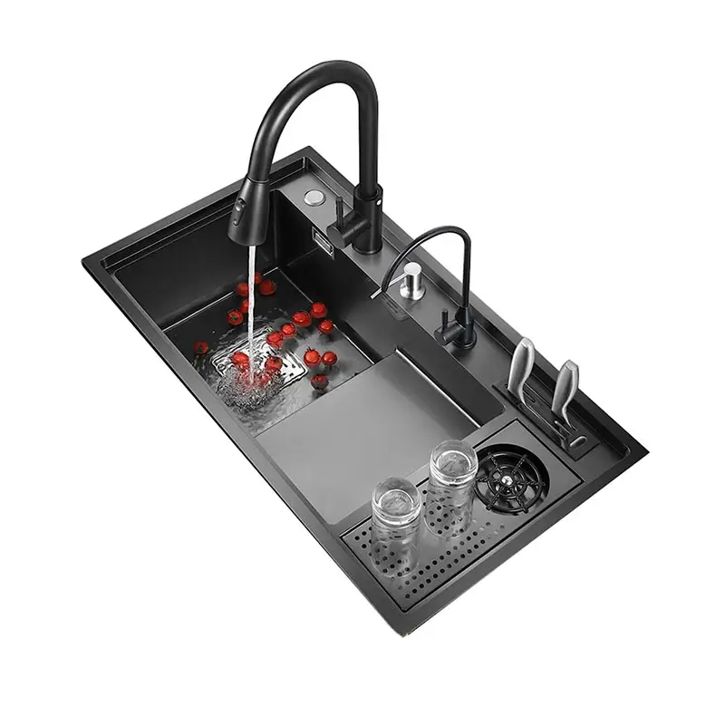 33" W Black Sink With Cup Washer Kitchen Sink Stainless Steel Handcrafted Sink With Faucet