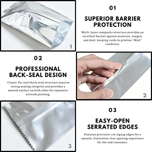 Sachets en Mylar Argent Brillant Scellés à l'Arrière en Feuille d'Aluminium Premium pour Cartes à Collectionner, Emballage <span class=keywords><strong>de</strong></span> Sachets Mystères pour Cartes <span class=keywords><strong>de</strong></span> <span class=keywords><strong>Jeu</strong></span> TCG - Product Image 2
