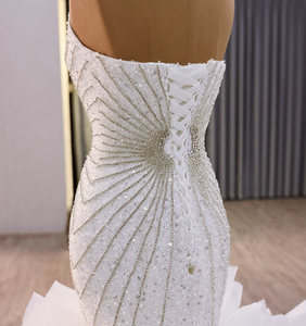 Vestidos de <span class=keywords><strong>Novia</strong></span> Blancos con Diseño de Sirena, Cuello en V, Sin Mangas, con Cuentas y Falda con Volantes, para Bodas Civiles - Product Image 6