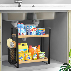 Wooden <b>Kitchen</b> Countertop Storage <b>Rack</b> Double Layer Spice Organizer With Utensil Holder For Bathroom Or <b>Kitchen</b> Use - Product Image 3