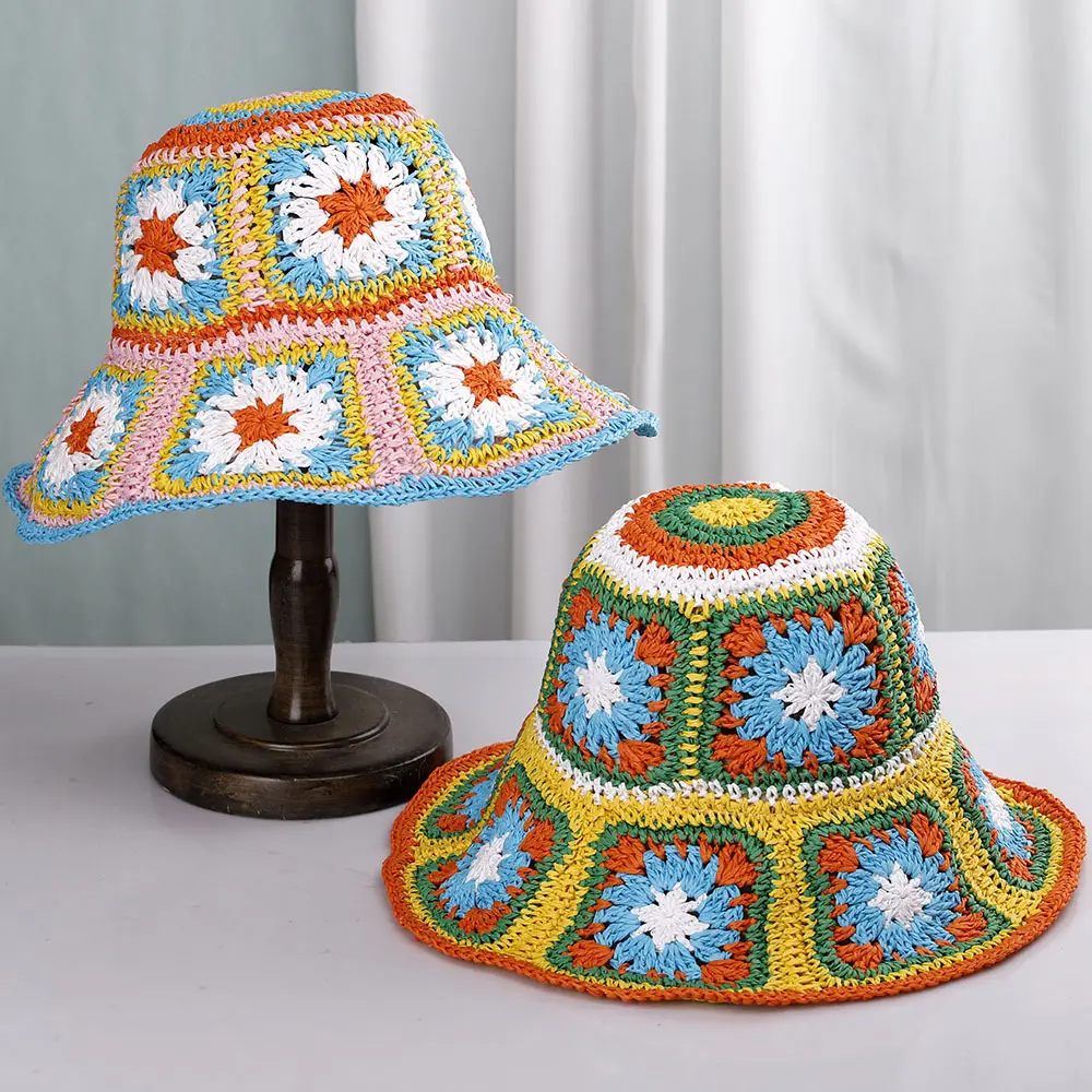 Topi matahari buatan tangan wanita perjalanan musim panas luar ruangan topi Bucket Crochet kustom wanita