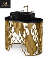 Lavabo de salle de bain haut de gamme toilette lavabo en acier inoxydable doré lavabo supérieur mmable noir avec piédestal
