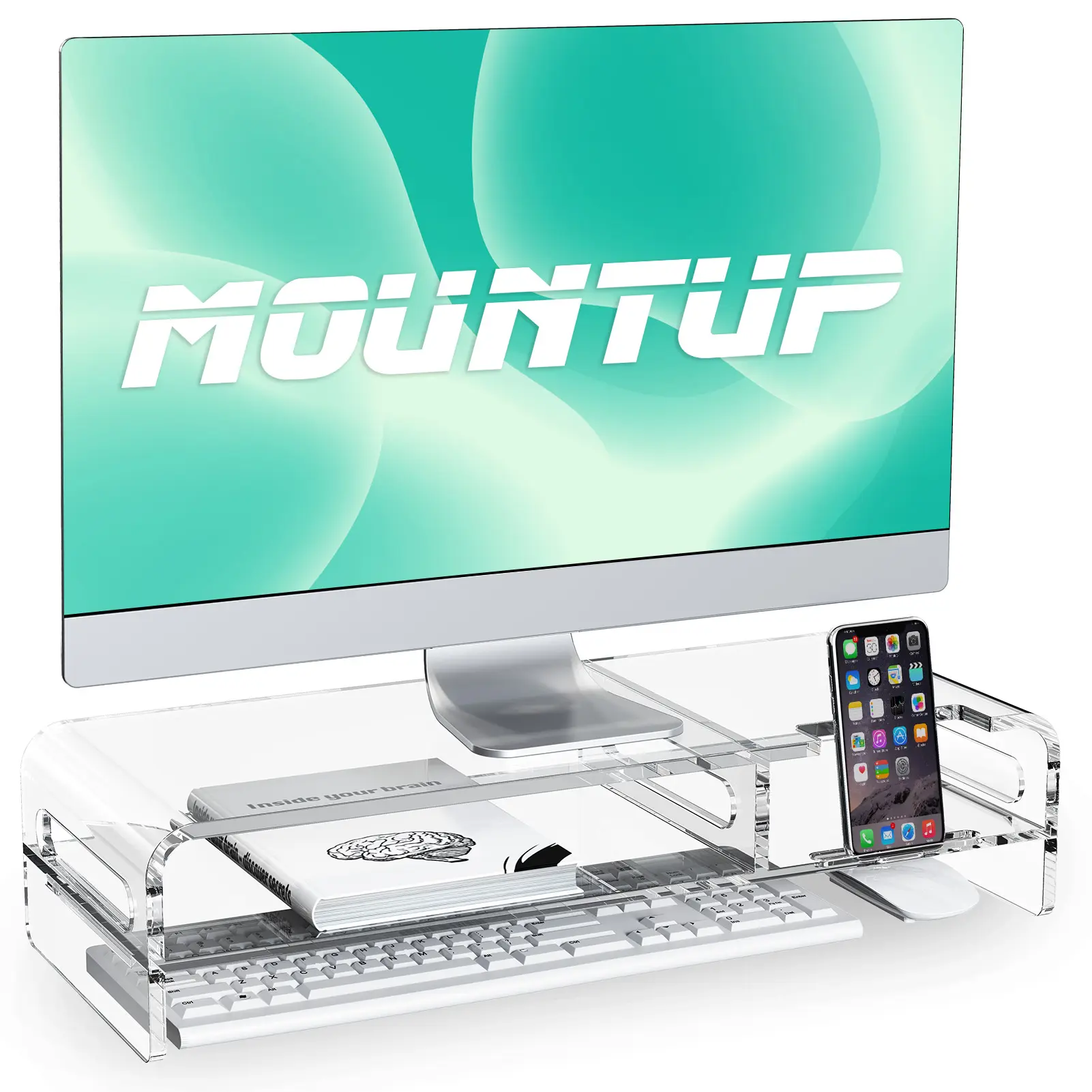 MOUNTUP 20インチ大型アクリルモニタースタンドライザーアクリルラップトップスタンド、キーボードストレージと内蔵電話ホルダー付き