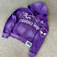 Sweat-shirt à capuche et sweat-shirt pour homme en molleton français lourd vintage délavé à l'acide avec strass imprimé surdimensionné