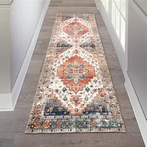 Vintage Area Rug Washable Laundry Room Non-Slip Distressed Throw Oriental Floral Bedroom Rug