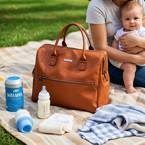 おむつバックパック断熱ジッパーポケット付きカスタムベビーアイテム整理バッグブラウンビーガンレザーミイラバッグメーカー - Product Image 6