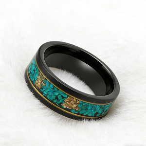 Bague en tungstène plaqué noir sur mesure 8 mm avec incrustation d'<span class=keywords><strong>opale</strong></span> verte et feuilles d'or, en carbure de tungstène, pour homme et femme, idéale pour fiançailles, mariage, cadeau - Product Image 2