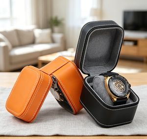 Estuche de Almacenamiento para Relojes de Alta Gama con Base Rígida de Tela de Cuero Sintético, Cierre Magnético, Opciones en Negro/Naranja, Diseño Impreso en Cuatro Colores - Product Image 6