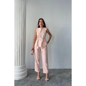 Conjunto de traje de lino modelo Massimo, blusa sin mangas y pantalones de color polvo para mujer, talla S, ropa formal elegante - Product Image 5