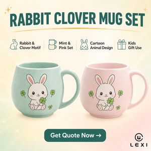 Set <span class=keywords><strong>di</strong></span> Tazze in Ceramica Verde Menta e Rosa, Coniglietto Bianco con Quadrifoglio, Regalo per Bambini, Design Primaverile in Porcellana - Product Image 2