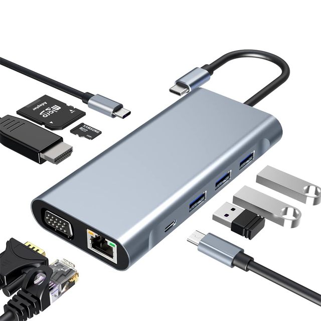 Multifunction 11-in-1 Laptop Docking Station with HDTV 4K 30Hz USB-C 4 USB 3.0 Ports 3.5MM AUX Aluminum Alloy in Stock