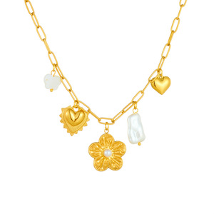 Gold Plated Chain Necklace With Flower And Heart Charms Imitation Pearl Pendant Women's Clavicle Chain Party Jewelry - Product Image 5