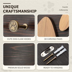 Wooden Paw Print Wall Rack With <b>Hooks</b> For Dog Leash And Collar Storage Home Entryway Organizer - Product Image 3